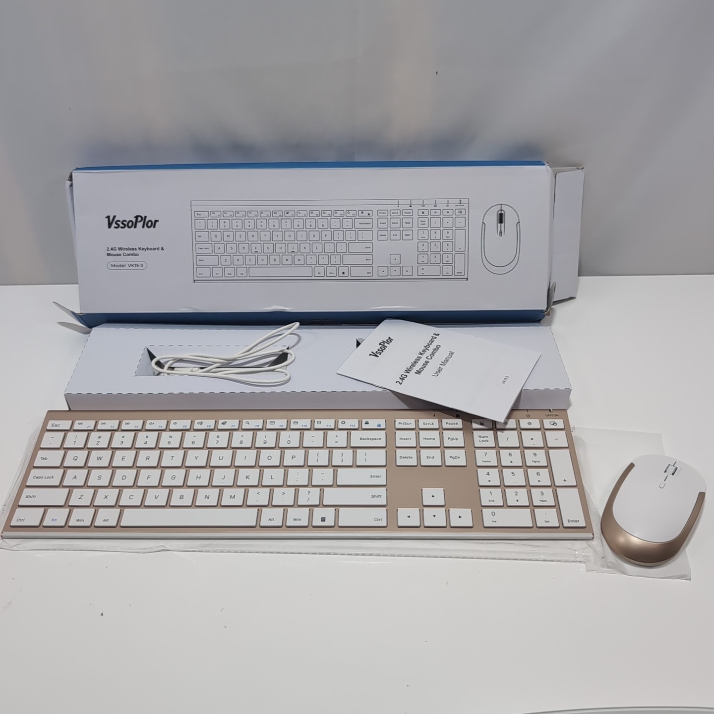Wireless Keyboard and Mouse Rechargeable Quiet Full-Size Ultra Slim White Gold