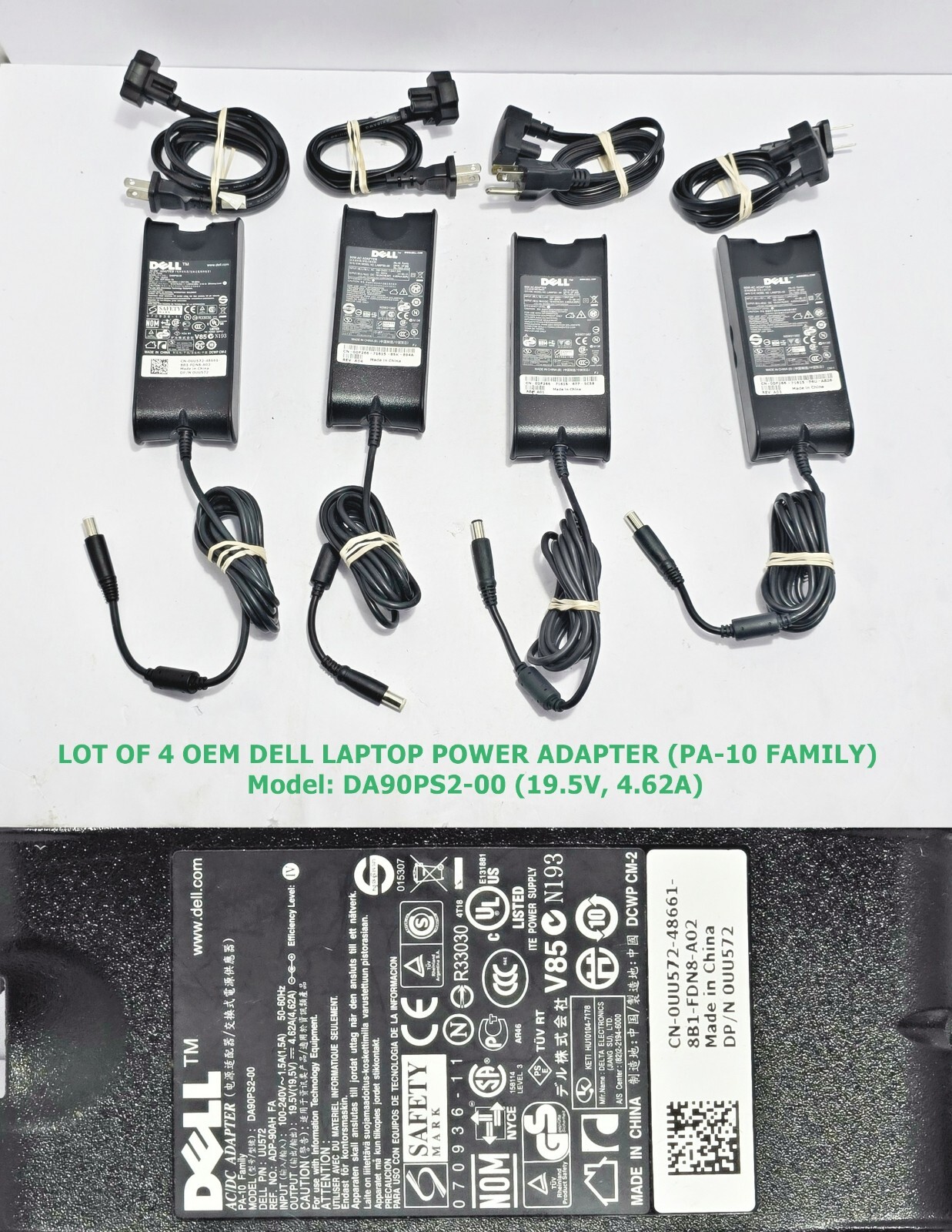 LOT OF 4 OEM Dell Black 19.5v 4.62 Amp Laptop Charger PA-10 DA90PS2-00 7.4mm Tip