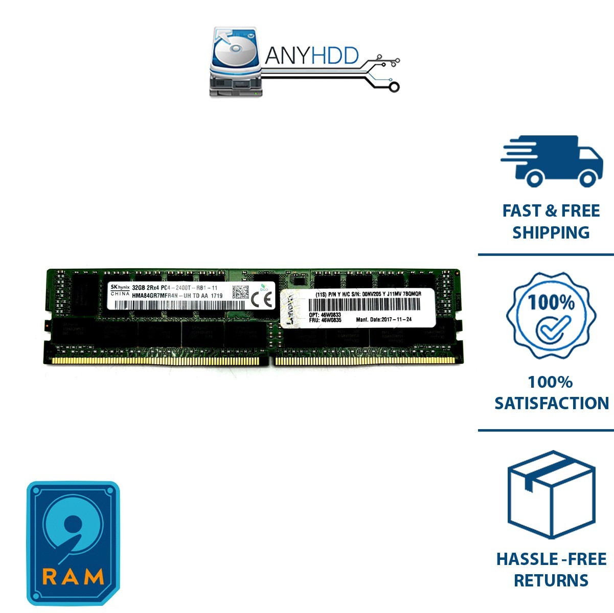 32GB DDR4 2400T PC4-2400 ECC RDIMM SK hynix HMA84GR7MFR4N-UH Lenovo 2Rx4 46W0835