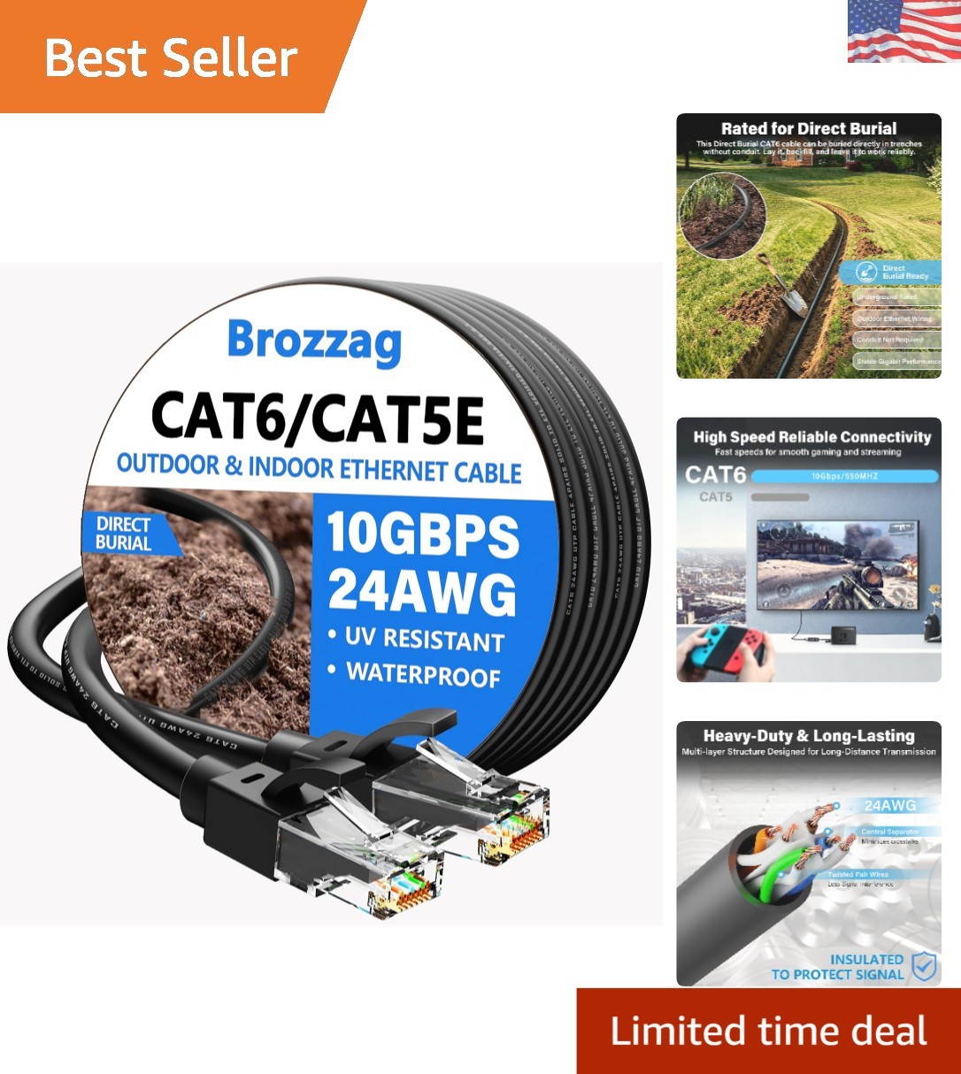 Versatile 100ft Cat6 Ethernet Cable - 10Gbps, Indoor/Outdoor, Weather Resistant