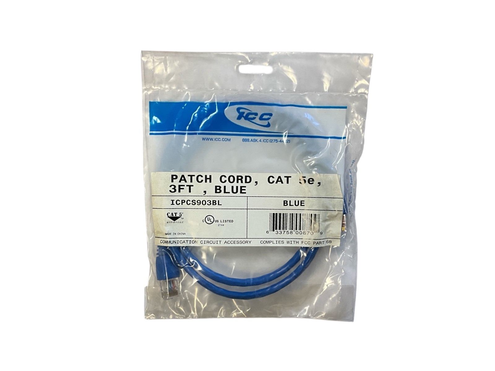 PACK OF 2 ICC ICPCS903BL CAT5e Ethernet Patch Cable 3ft Blue RJ45 Network