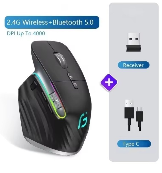 Bluetooth +2.4G Wireless Rechargeable 12 Colors RGB LED Gaming Ergonomic Mouse