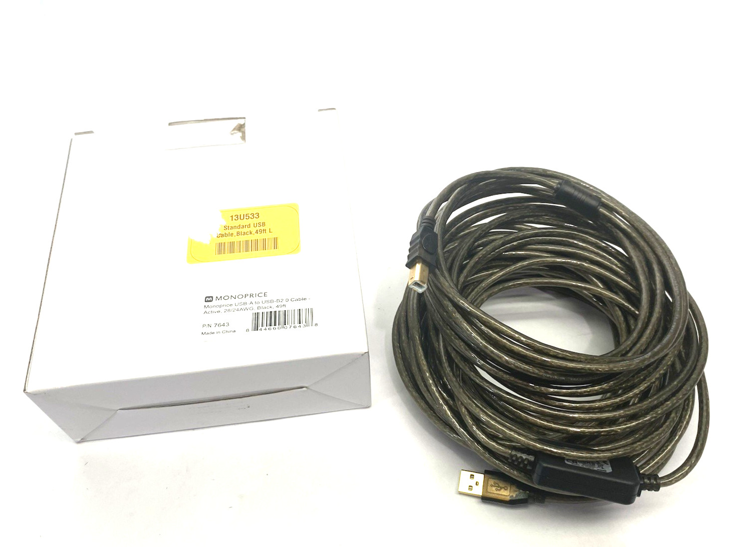 Monoprice 7643 USB-A to USB-B 2.0 Cable - Active, 28/24AWG, Black, 49ft