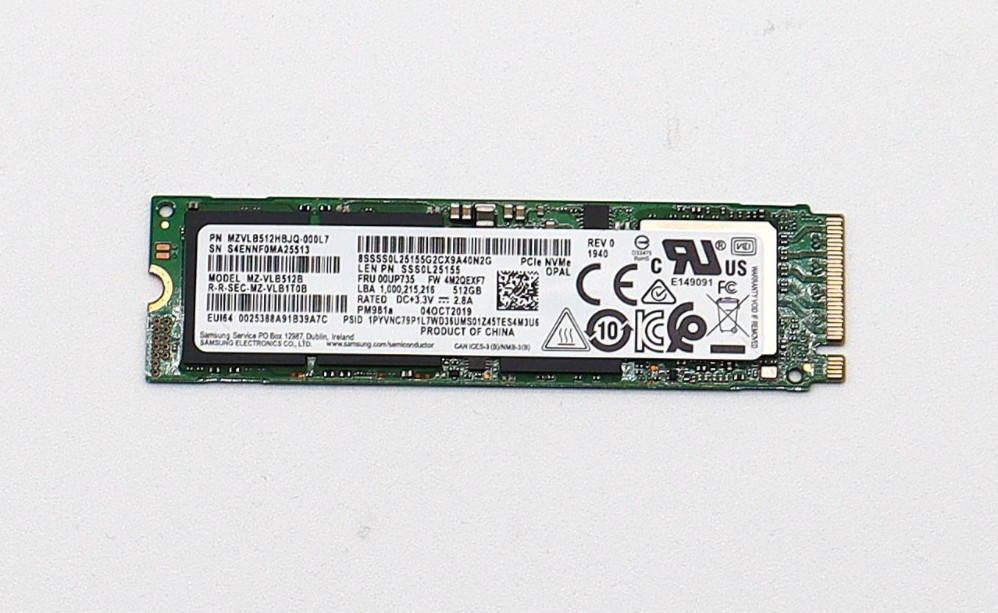 Samsung PM981a 512GB NVMe SSD M.2 2280 PCIe - 100% Health - Under 165hrs