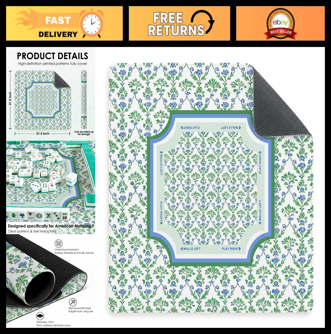 Chinoiserie Green Floral Mahjong Mat 31.5” Non-Slip Gaming Surface for Cards & B