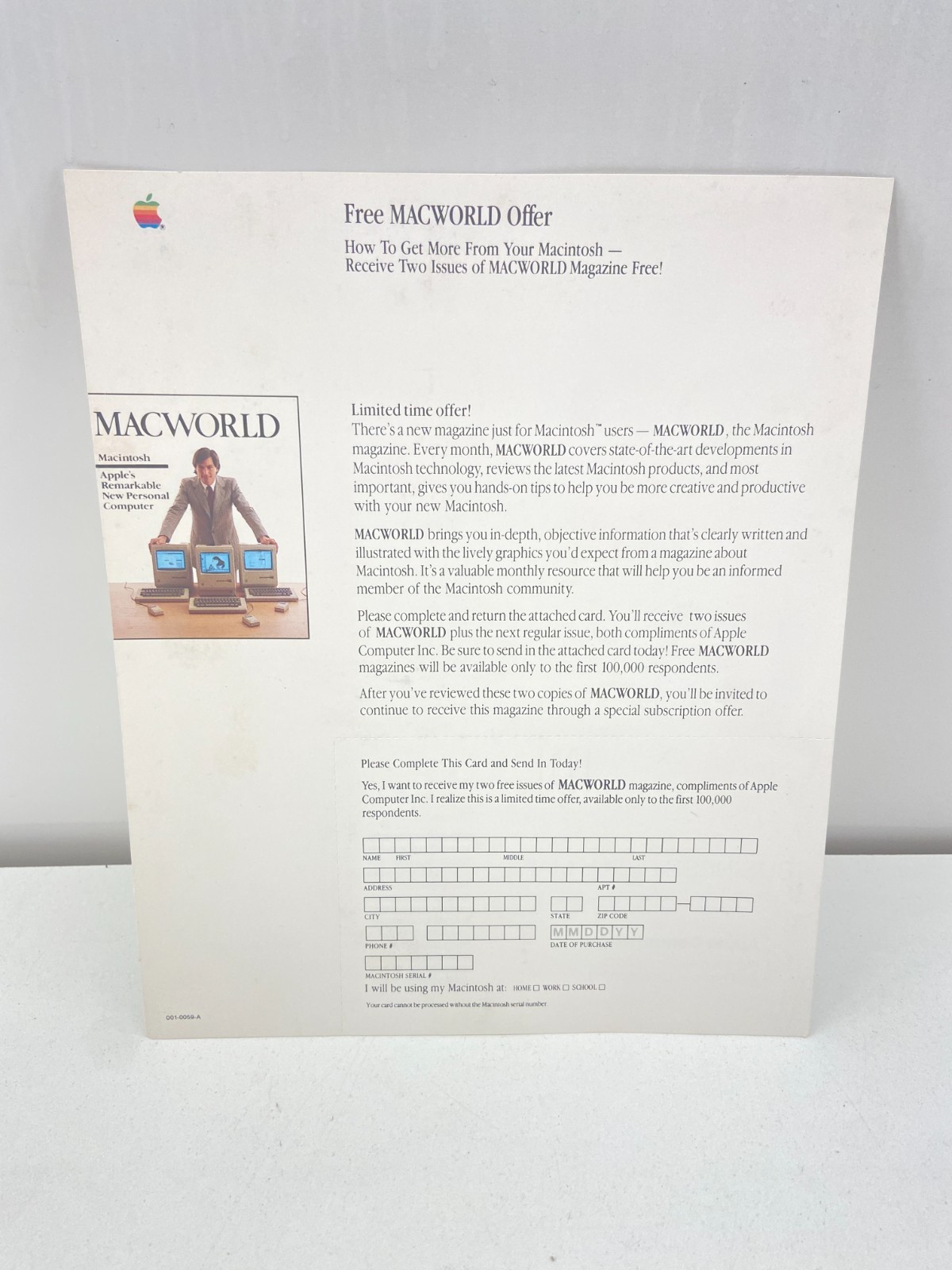 RARE 1984 Steve Jobs Macintosh 128K MacWorld Card Offer Sheet Mac M0001 UNUSED