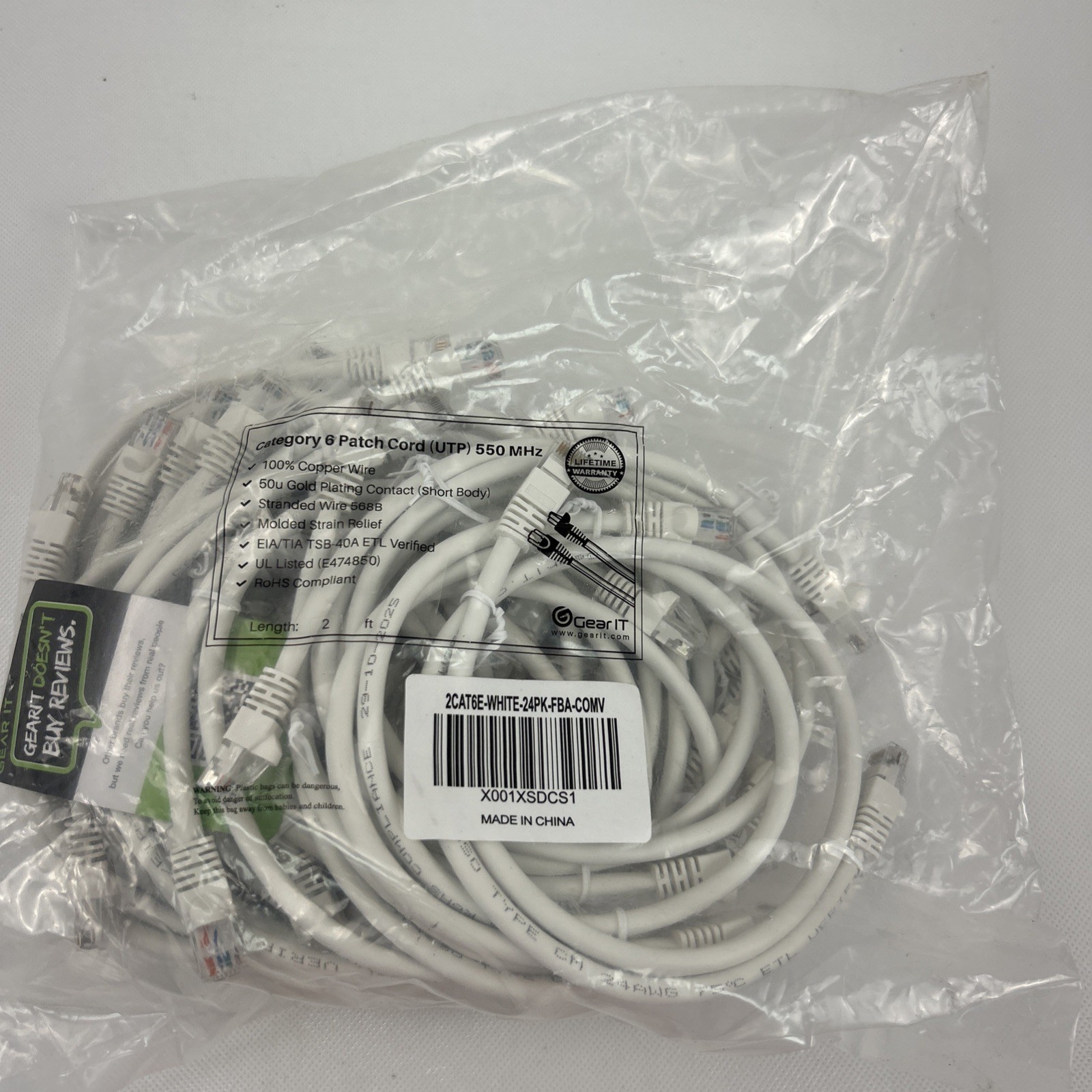 GEARit Cat6 Patch Cables Cat 6 Ethernet Cable 2 ft 24-Pack White