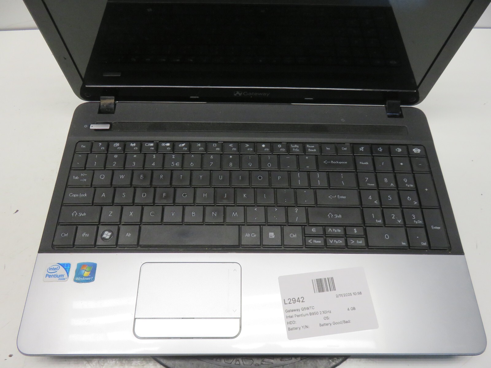 Gateway Q5WTC Intel Pentium B950 2.1GHz 4 GB NO HDD No Batt