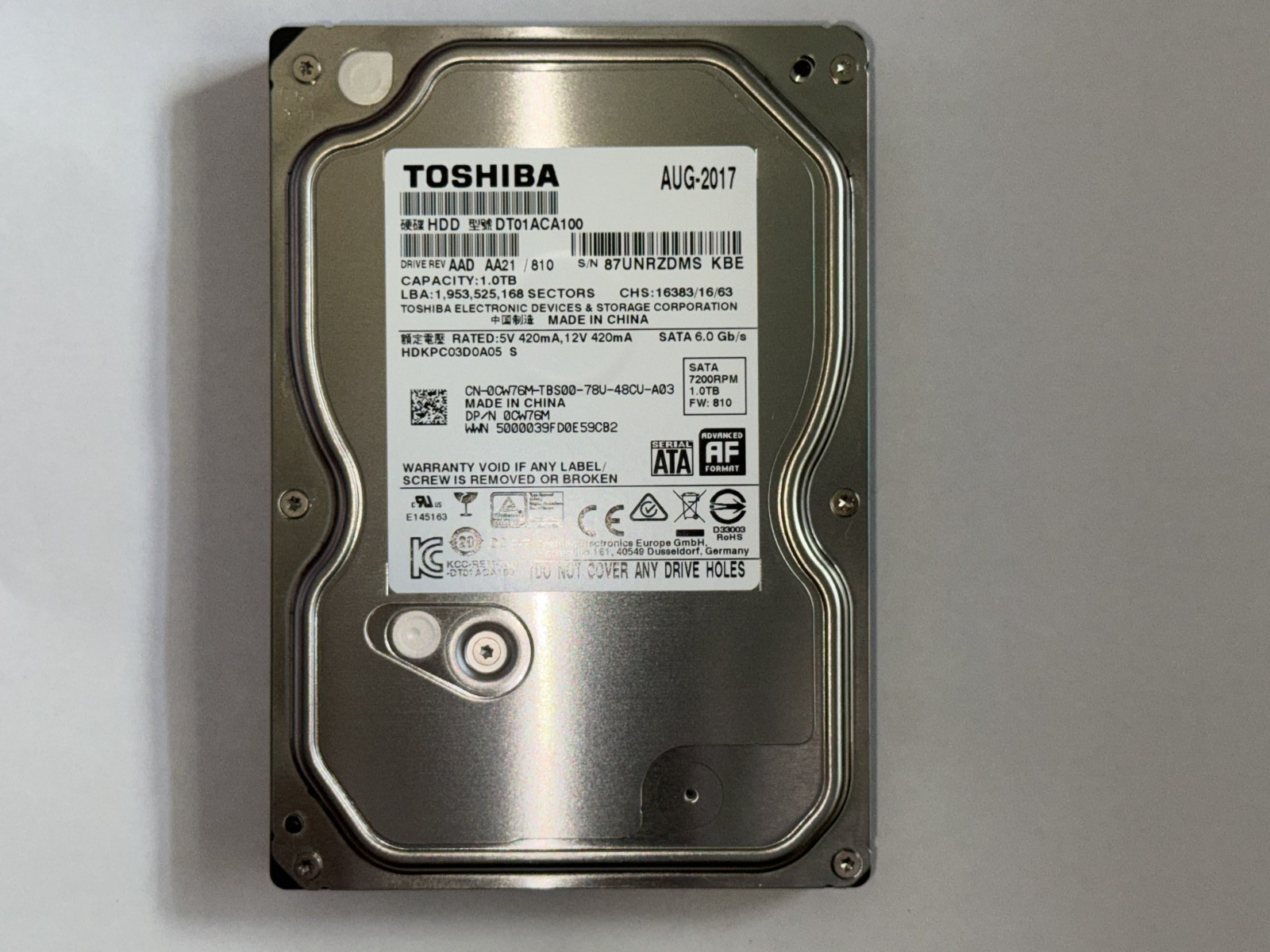 Toshiba DT01ACA100 1TB 7200RPM 3.5" SATA III HDD Dell 0CW76M Tested