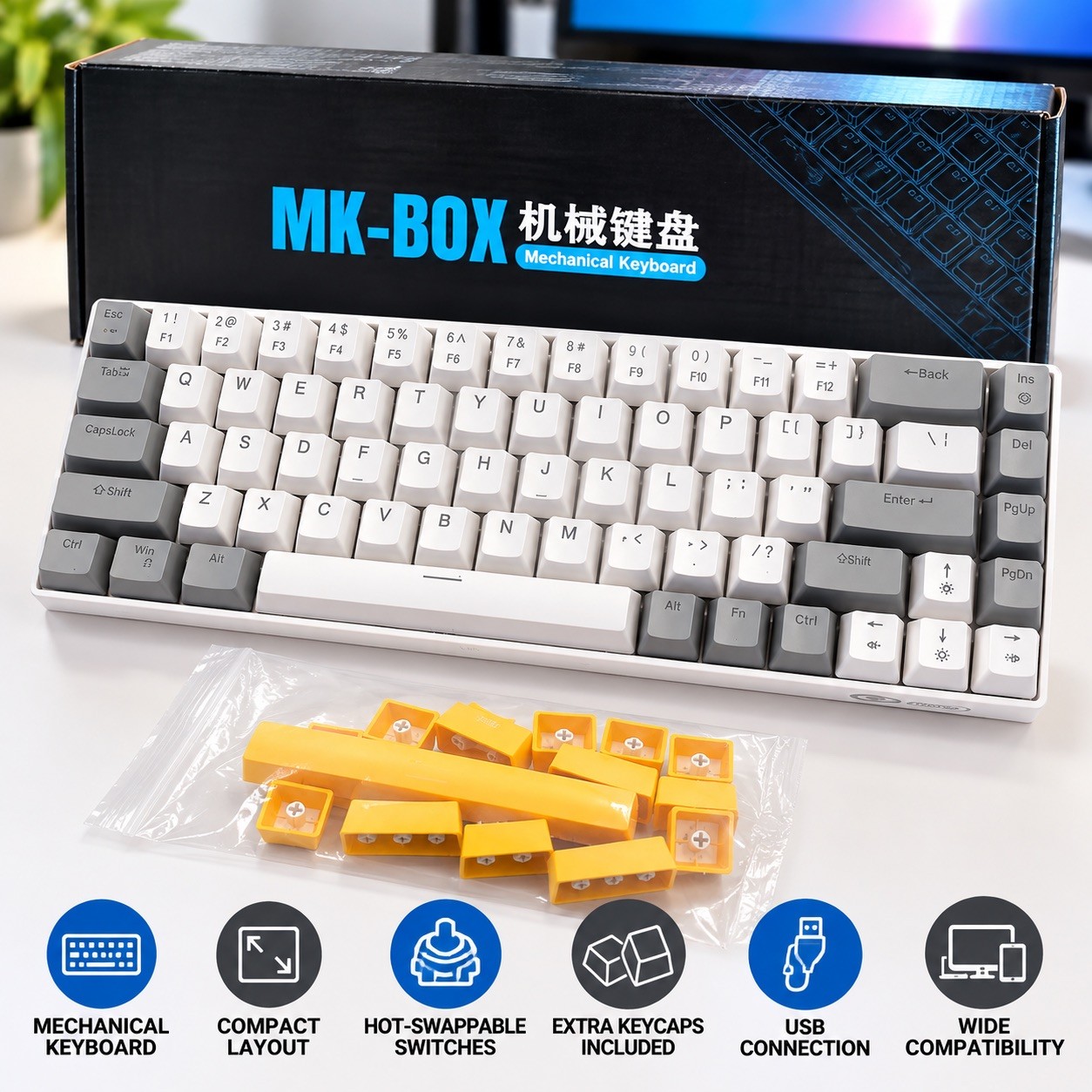 MageGee MK-BOX Mechanical Keyboard 68-Key USB-C QWERTY English White Gray