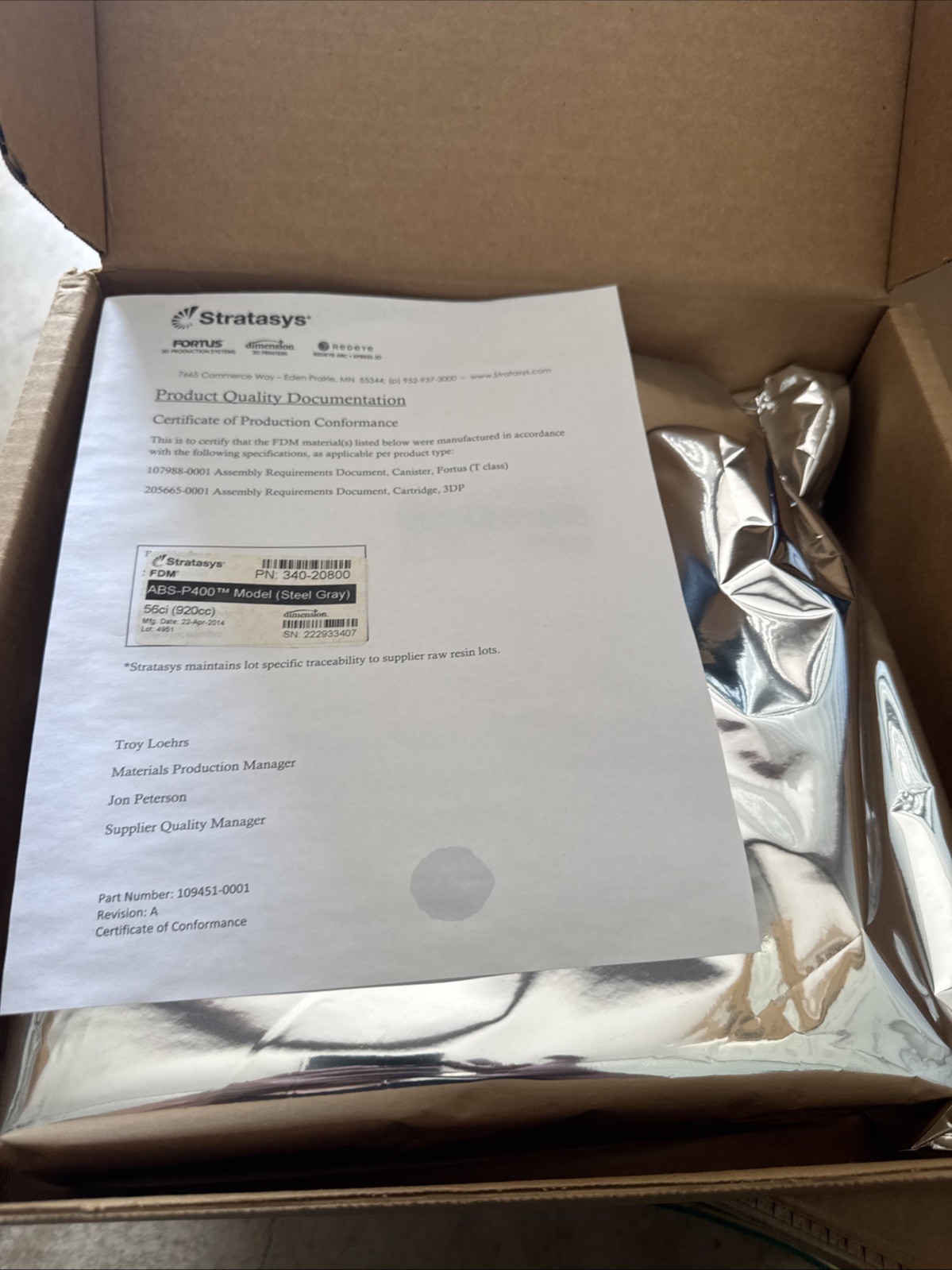 STRATASYS ABS-P400 Model (STEEL Gray) 56ci (920cc) FDM 340-20200