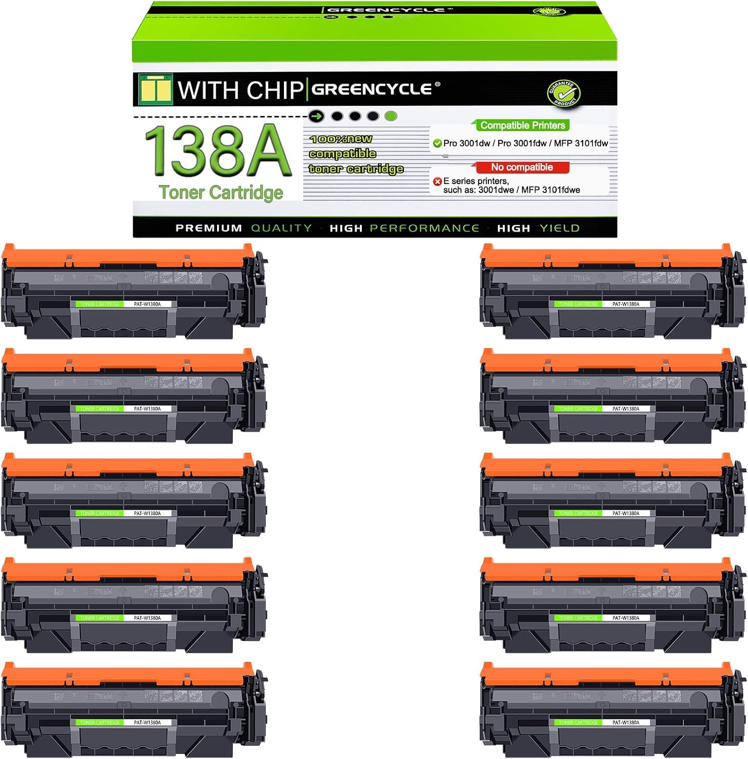 GREENCYCLE 10 Pack 138A W1380A Black Toner for HP 3001dw 3001fdw MFP 3101fdw