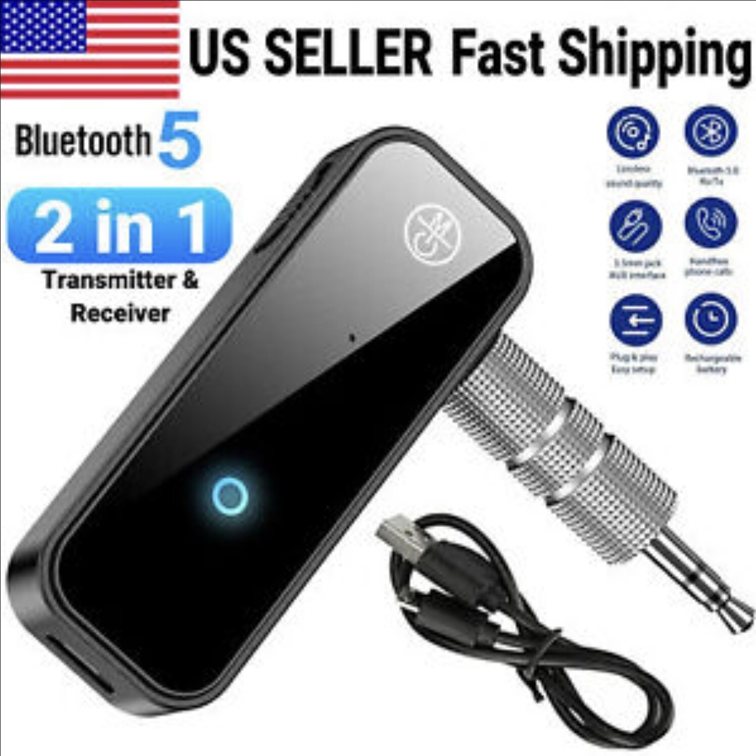 Transmisor Receptor USB Bluetooth 5.0 Auxiliar Inalámbrico Para Coche De 3.5mm