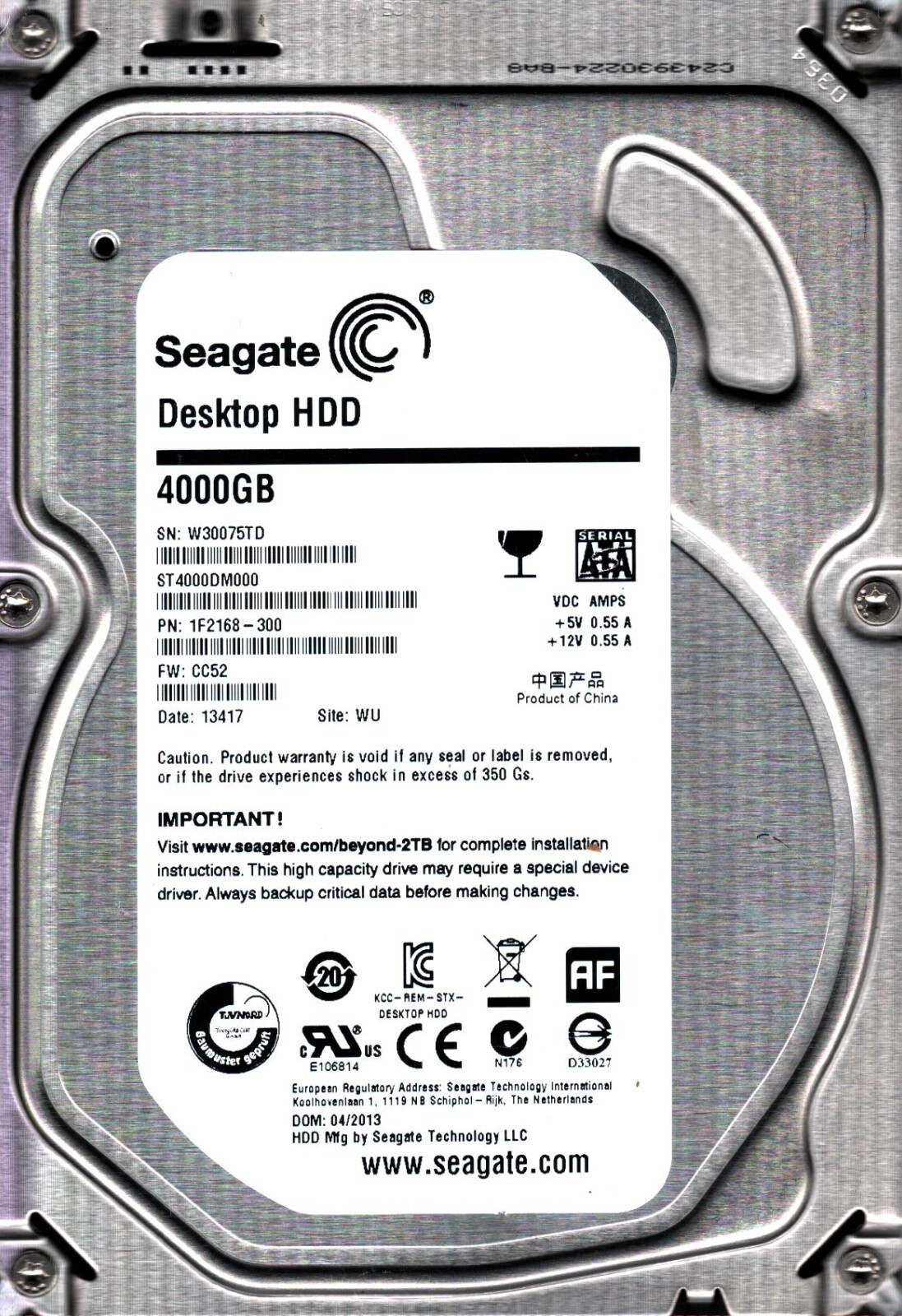 ST4000DM000 P/N: 1F2168-300 F/W: CC52 S/N: W300 WU 4TB APR 2013 CHINA SEAGATE