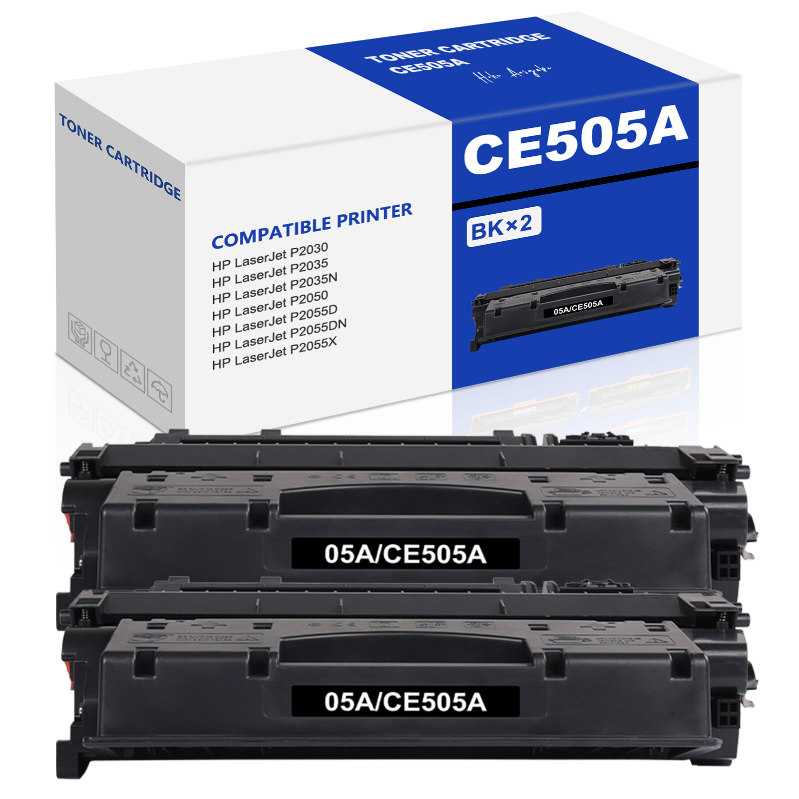 2 PK Black CE505A Toner Cartridge for HP 05A LaserJet P2030 P2035n P2055dn P2050