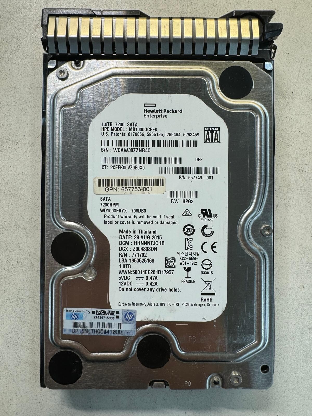 HP 657749-001 MB1000GCEEK WD1003FBYX-708DB0 771702 1TB 7.2K RPM 3 Gb/s SATA 3.5"