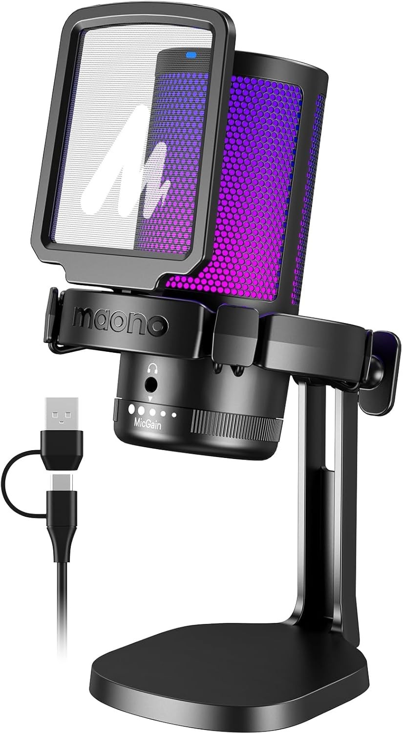 MAONO USB Gaming Microphone – RGB Condenser Mic with Mute & Gain for PC/PS5/Stre