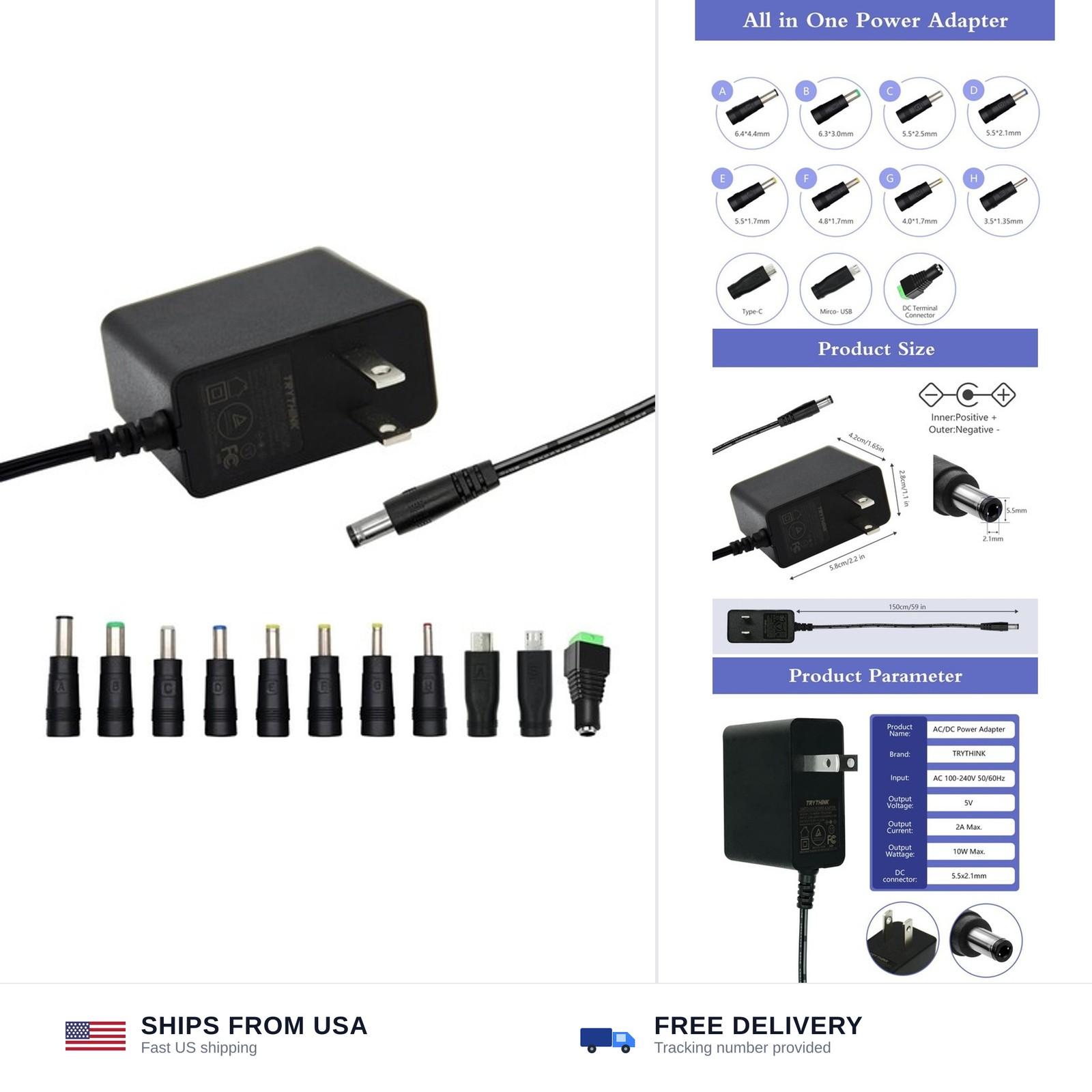 5V 2A 10W Universal AC/DC Power Adapter with 11 Interchangeable Jacks for