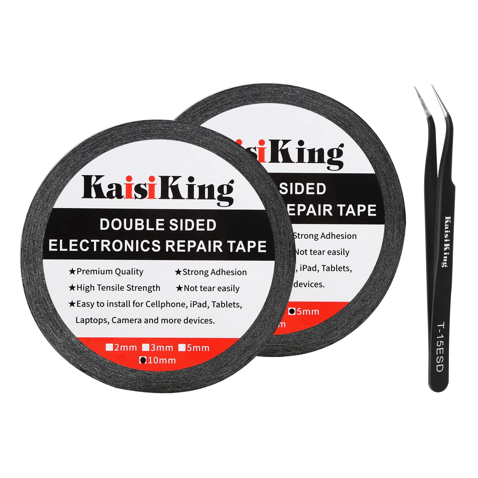 Kaisiking 5mm / 10mm x 50M Double Sided Adhesive 1pc + 10mm, Black
