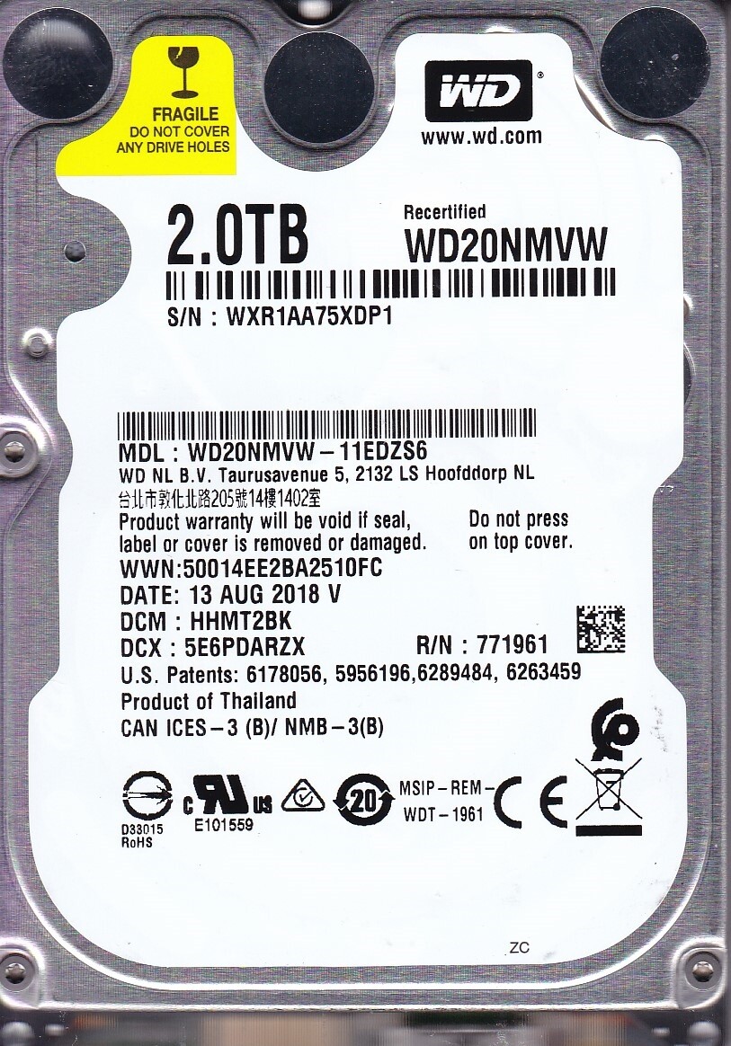 WD WD20NMVW-11EDZS6 dcm: HHMT2BK s/n:WXR1A AUG 2018 Thailand 2TB USB 3.0 C11-15