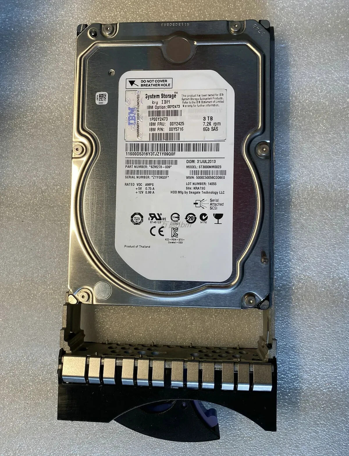 IBM 00Y2473 00Y2425 00MJ127 3TB SAS 3.5" 7.2K 6G/s HARD DRIVE FOR V3500 V3700