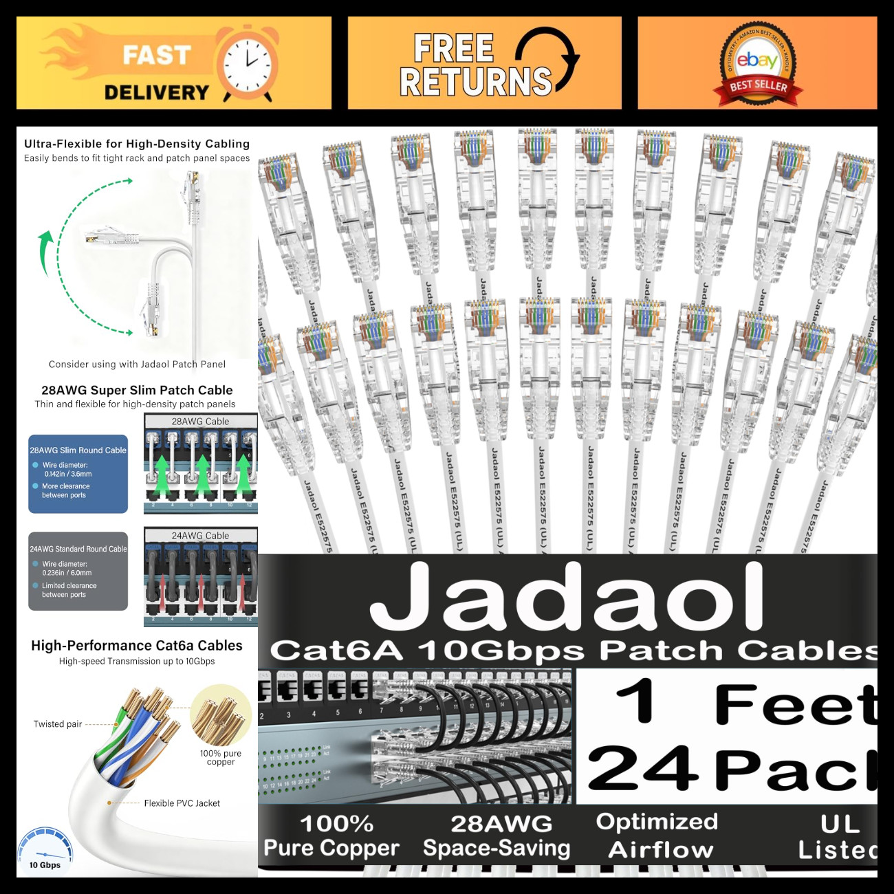 Cat6A Patch Cables 1FT (24 Pack) - 10Gbps, 550MHz, UL Listed, White Ethernet