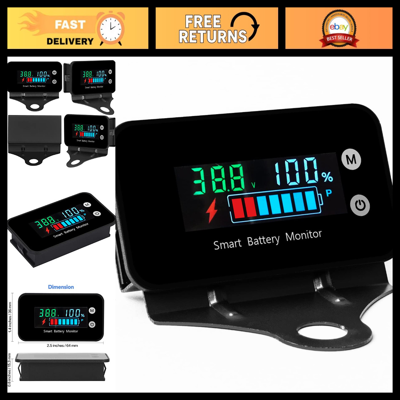 IPX7 Waterproof Battery Monitor 7-100V with Bracket, Temperature & Buzzer Alarm