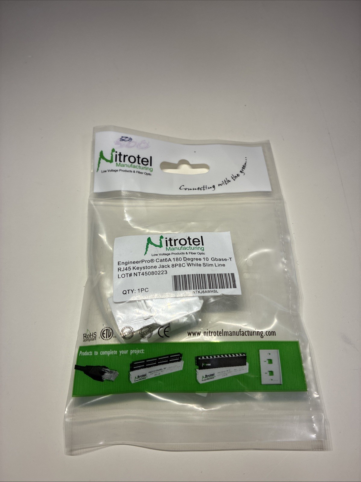 Nitrotel Cat6a 180 Degree 10 Gbase-T Rj45 Keystone Jack 8p8c White Slim Line