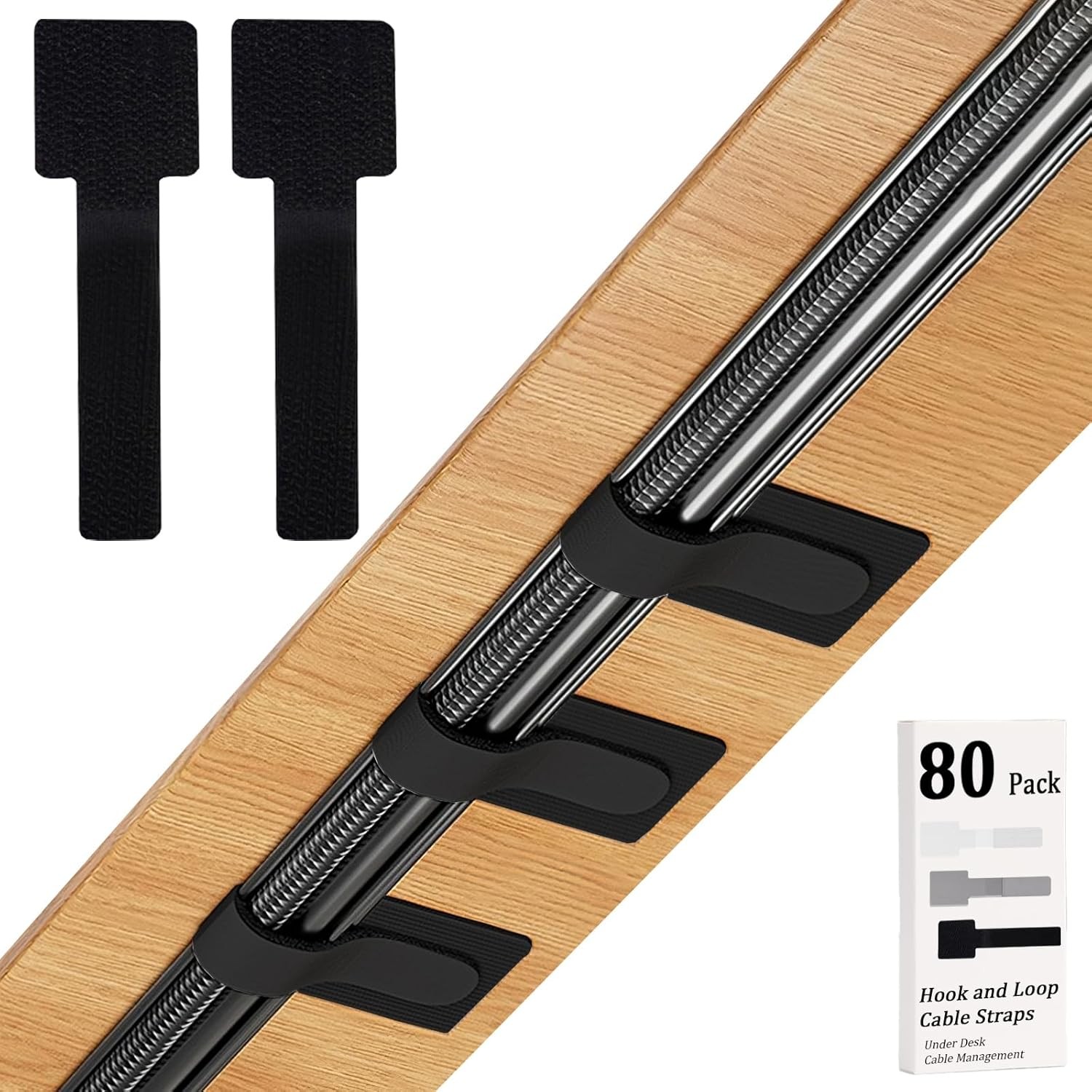 80PCS Hook and Loop Cable Straps, Cable Management Under Desk, Adhesive Cable