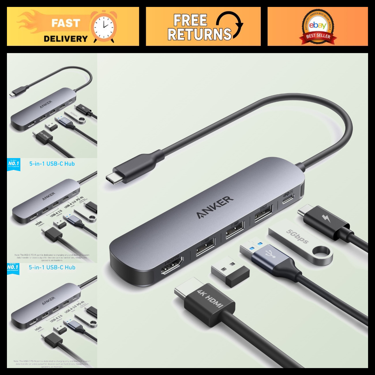 Anker USB-C Hub, 5-in-1 USB Hub for Laptops, 4K HDMI Multiport Adapter