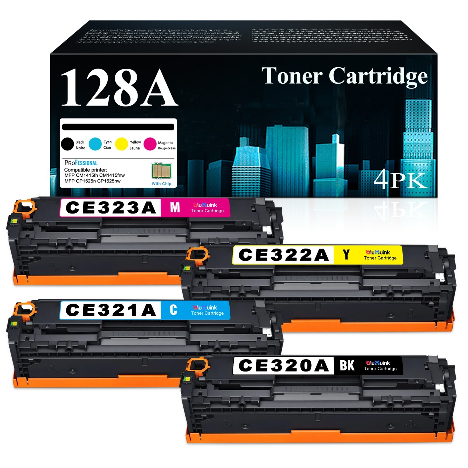 4PK CE320A 128A Toner Set For HP Color LaserJet Pro CM1415fn CP1525n CP1525nw 