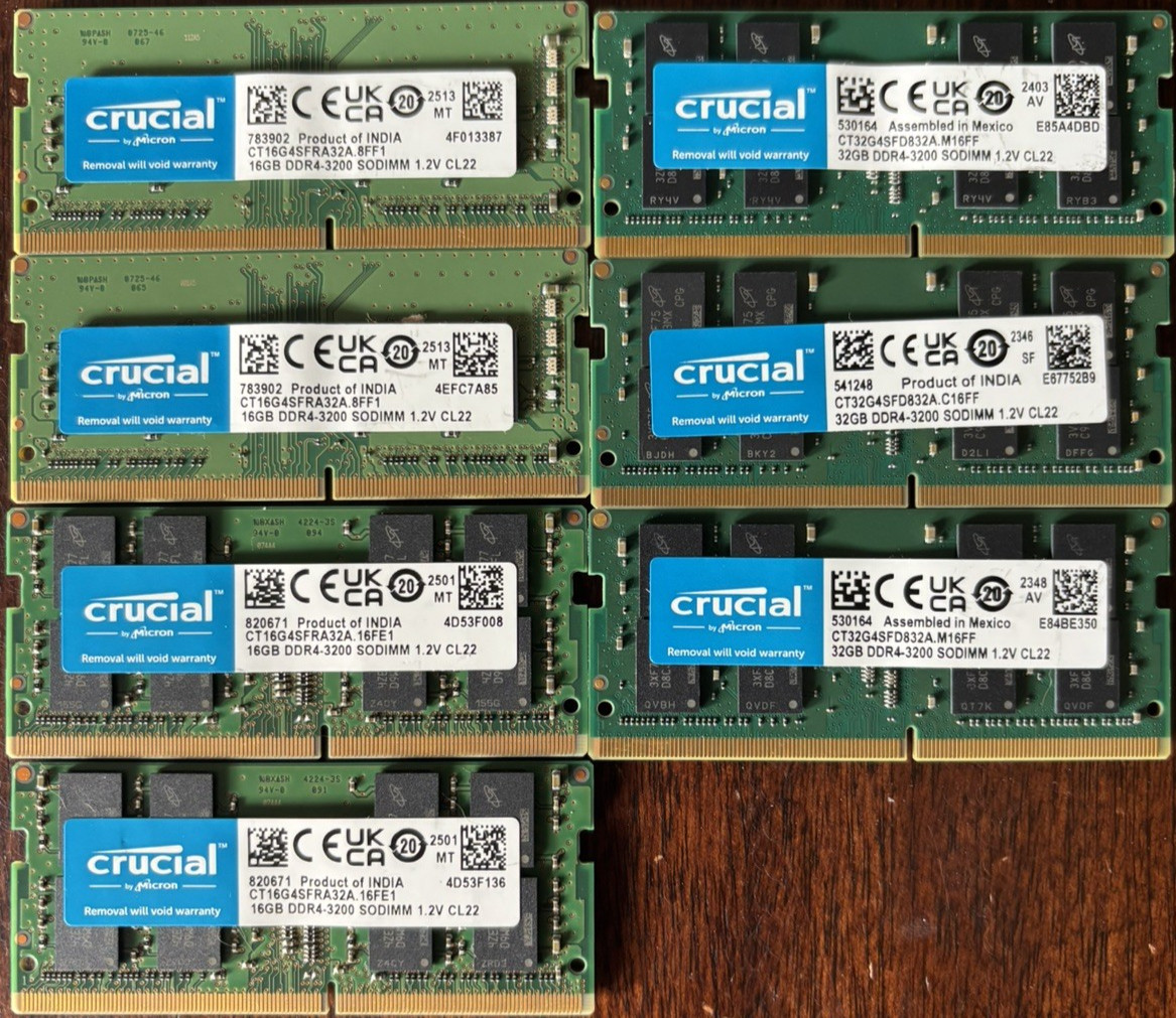 Crucial Laptop RAM Lot - 32GB - 16GB DDR4 3200 SO-DIMM Tested