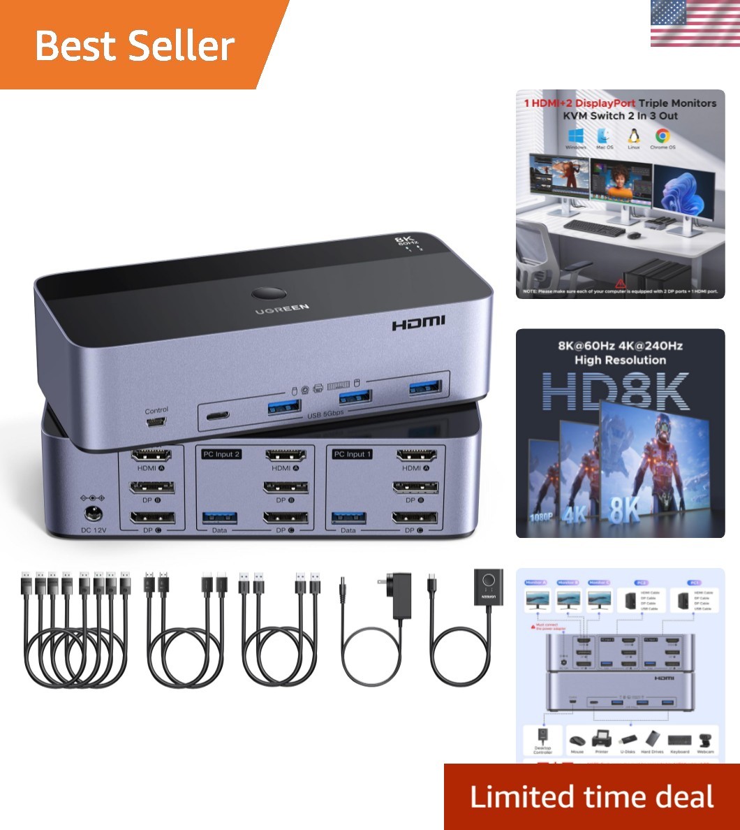 8K@60Hz HDMI Displayport KVM Switch 3 Monitors 2 Computers, Aluminum