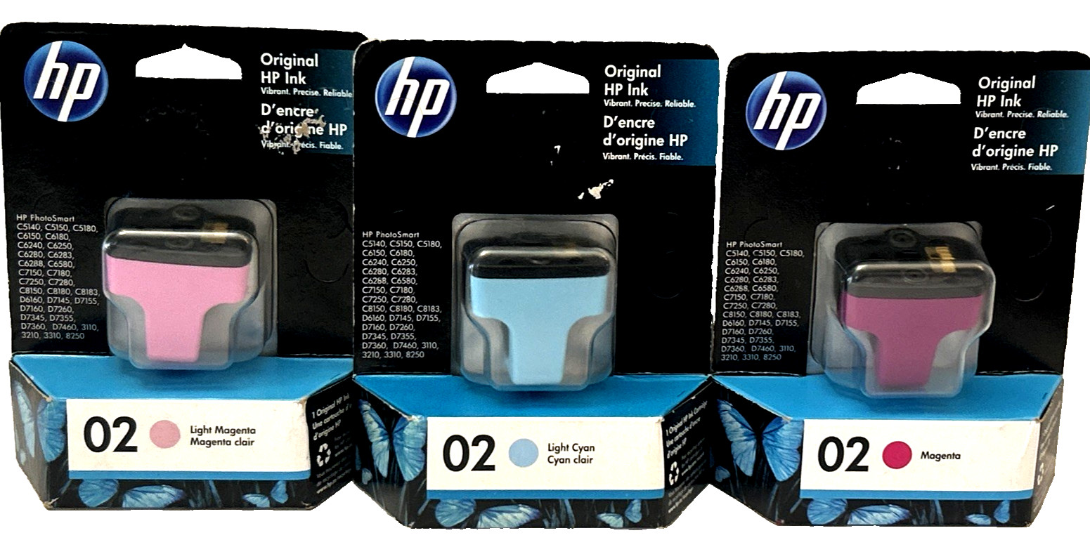 HP 02 Ink Cartridge Light Cyan/Light Magenta/Magenta Lot of 3 Sealed EXP.  2021