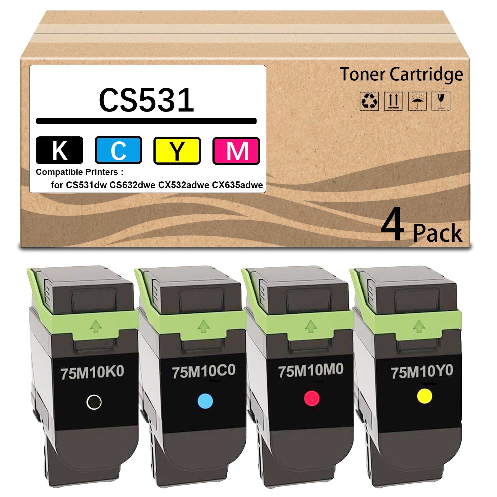 4 Pack 75M10K0 75M10C0 75M10M0 75M10Y0 Toner Cartridge Use for CS531dw CS632dwe