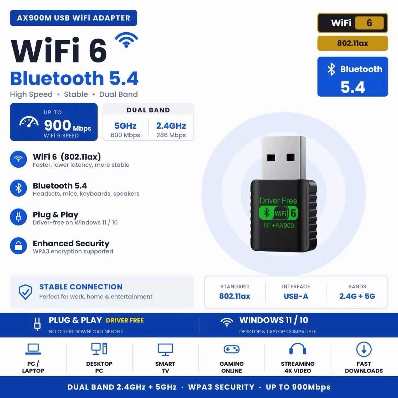 AX900M WiFi 6 USB-A Dual-Band Adapter w/ Bluetooth 5.4 900 Mbps Black