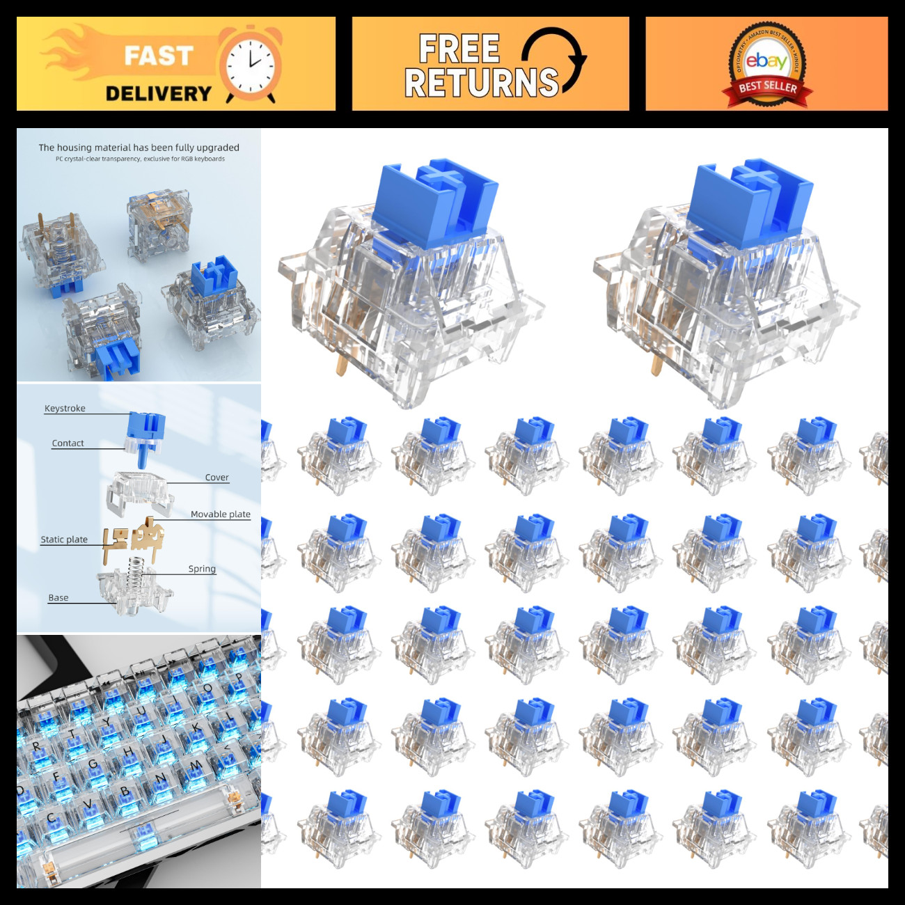 90 Pcs Crystal Blue Mechanical Keyboard Switches for 3D Printing & Gaming
