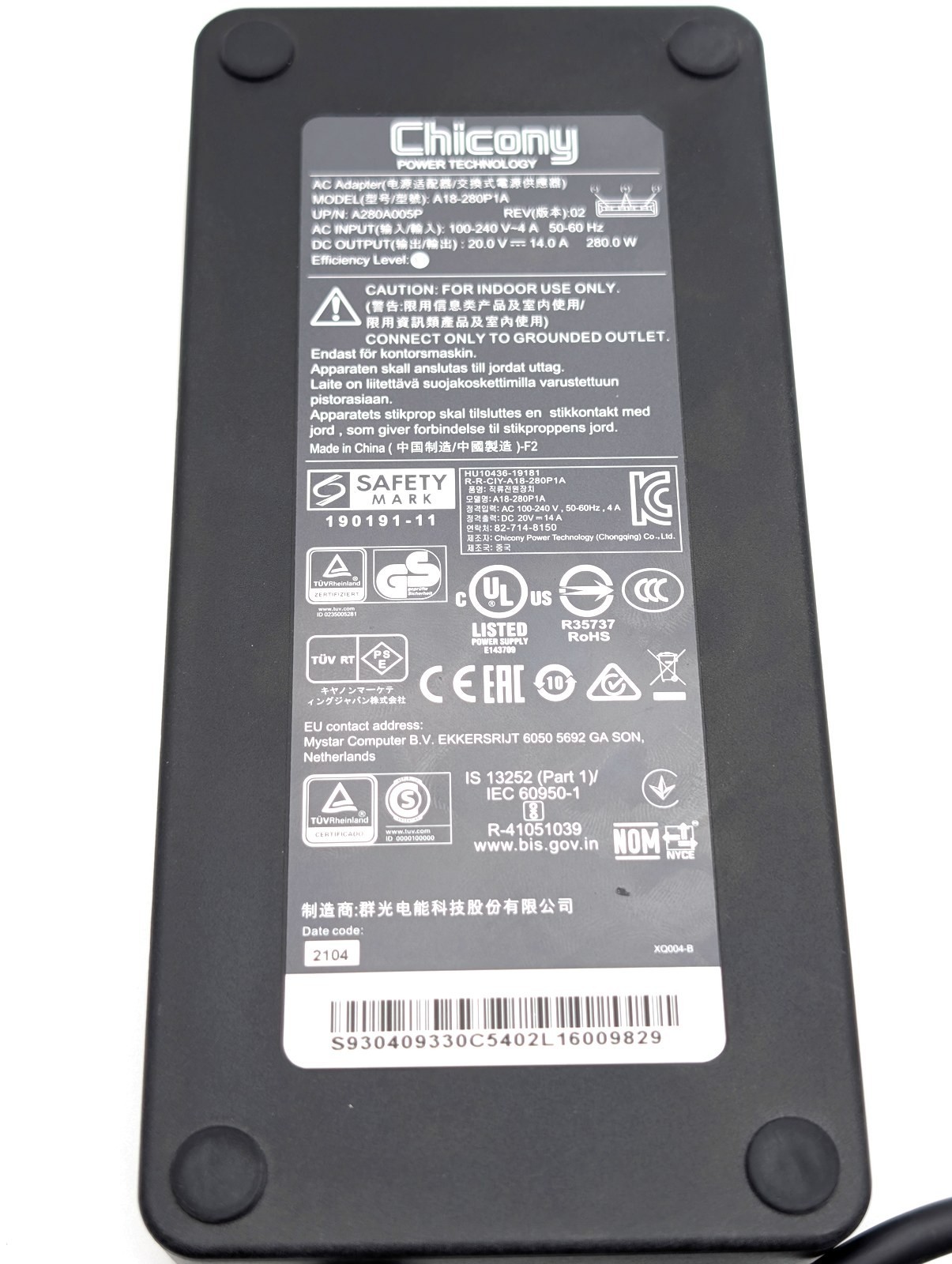 Genuine Chicony 280W AC Adapter A18-280P1A A280A005P Flat Tip MSI GE66 GE76