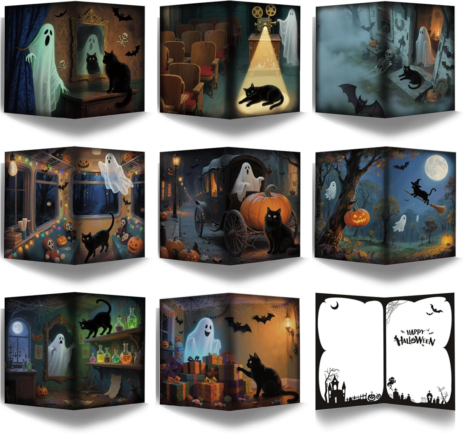 24 Pack Black Cat & Ghost Themed Halloween Card Set, Boxed Halloween Cards for F