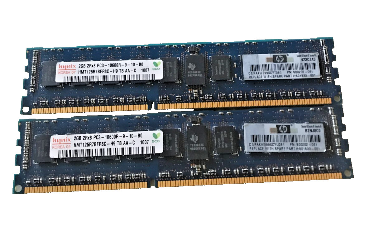 Lot 2 Hynix 2GB 2Rx8 PC3-10600R DDR3 ECC Server RAM HMT125R7BFR8C-H9 total 4GB