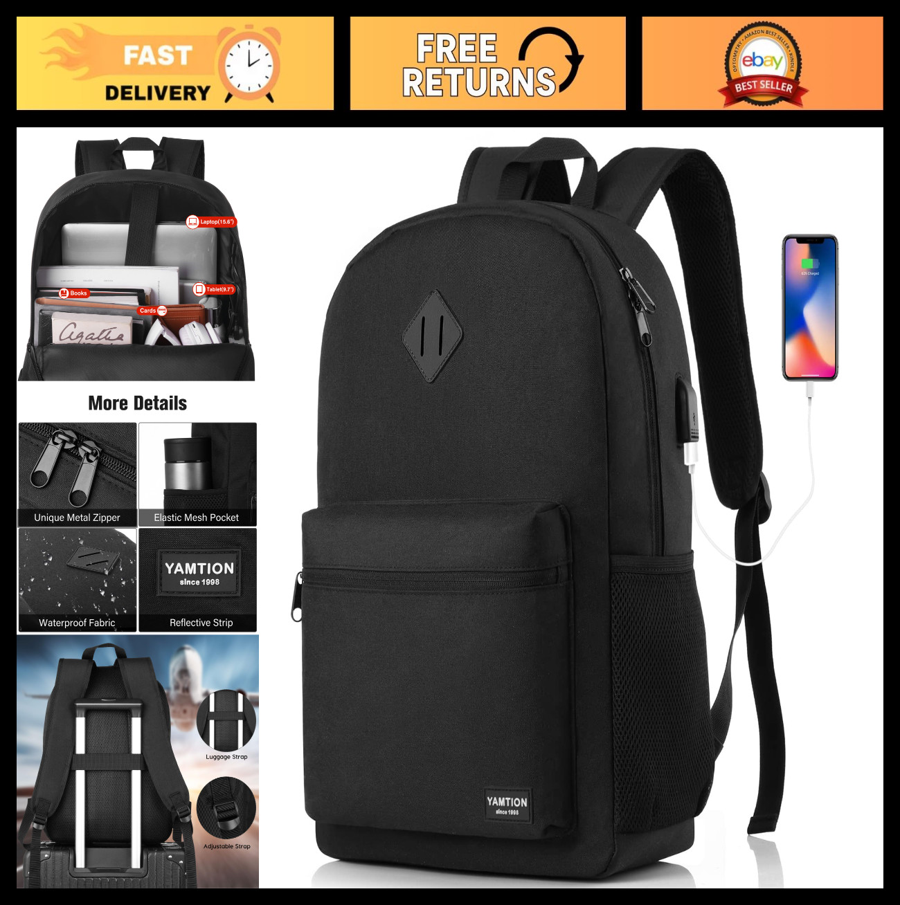 Stylish Black Backpack for Men & Women, 15.6" Laptop Bookbag with USB Charger, C