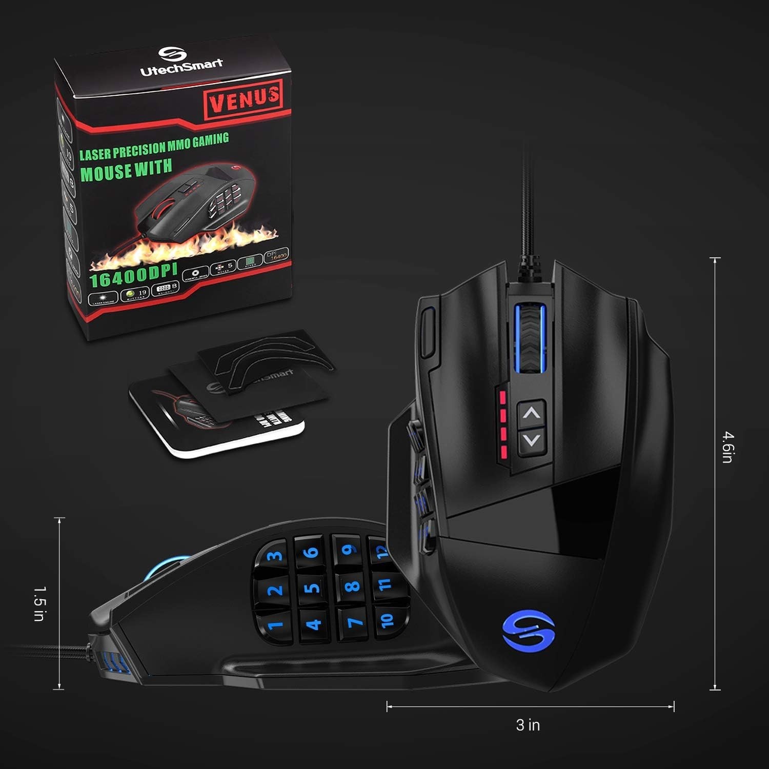 UtechSmart Venus Laser Wired USB Gaming Mouse 16400 DPI 19 Buttons Black