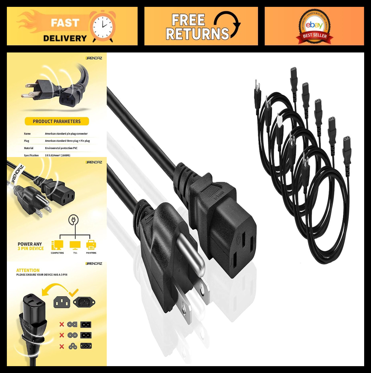 25ft Universal 3-Prong AC Power Cord - 5-Pack Replacement Cable for PC, Monitor,