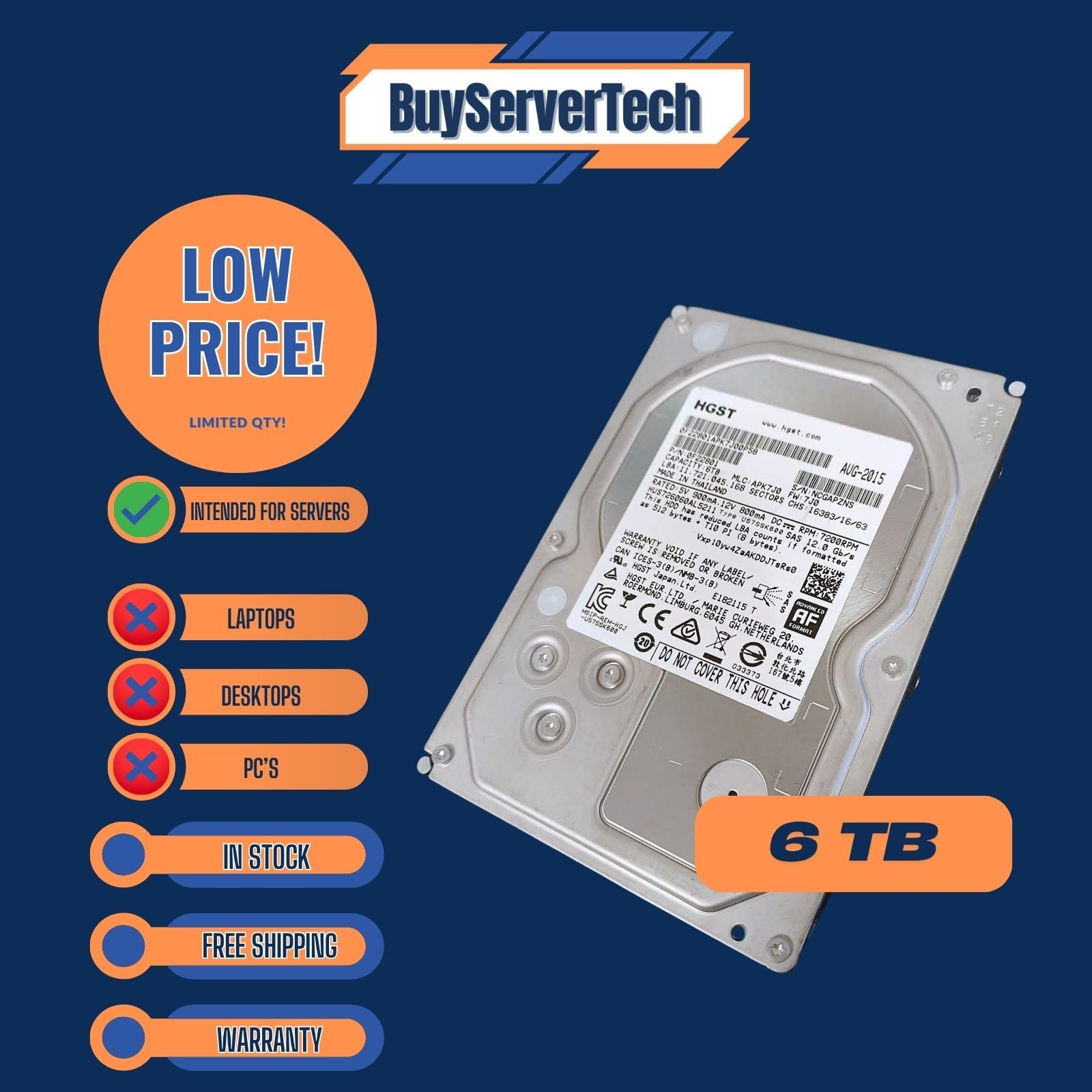 HUS726060AL5211 HGST Ultrastar 6TB,7200 RPM,3.5 inch Internal Hard Drive 0F22801