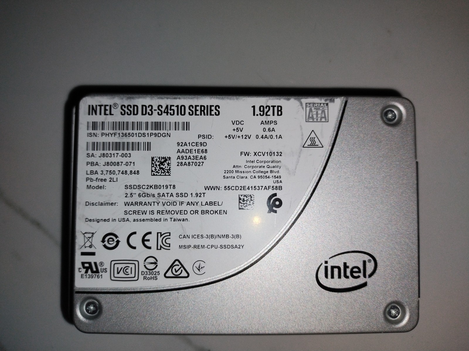 Intel D3 SIntel D3-S4510 1.92TB 2.5" SATA III SSD  Drive Tested  15k Hours