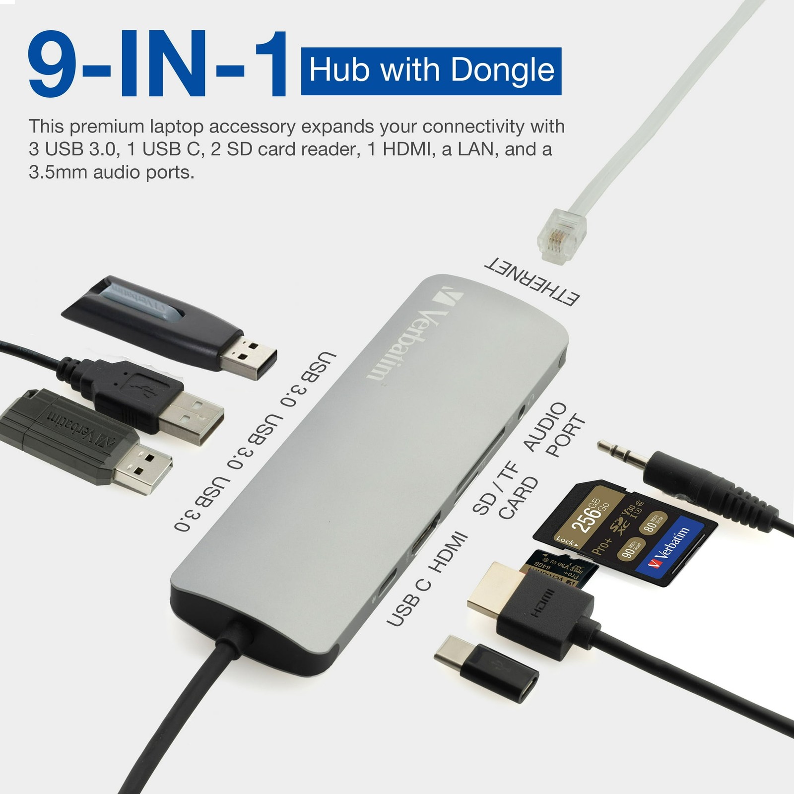 Verbatim 9-in-1 USB-C Hub w/Dongle Power Delivery 1GB Ethernet Port 4K HDMI