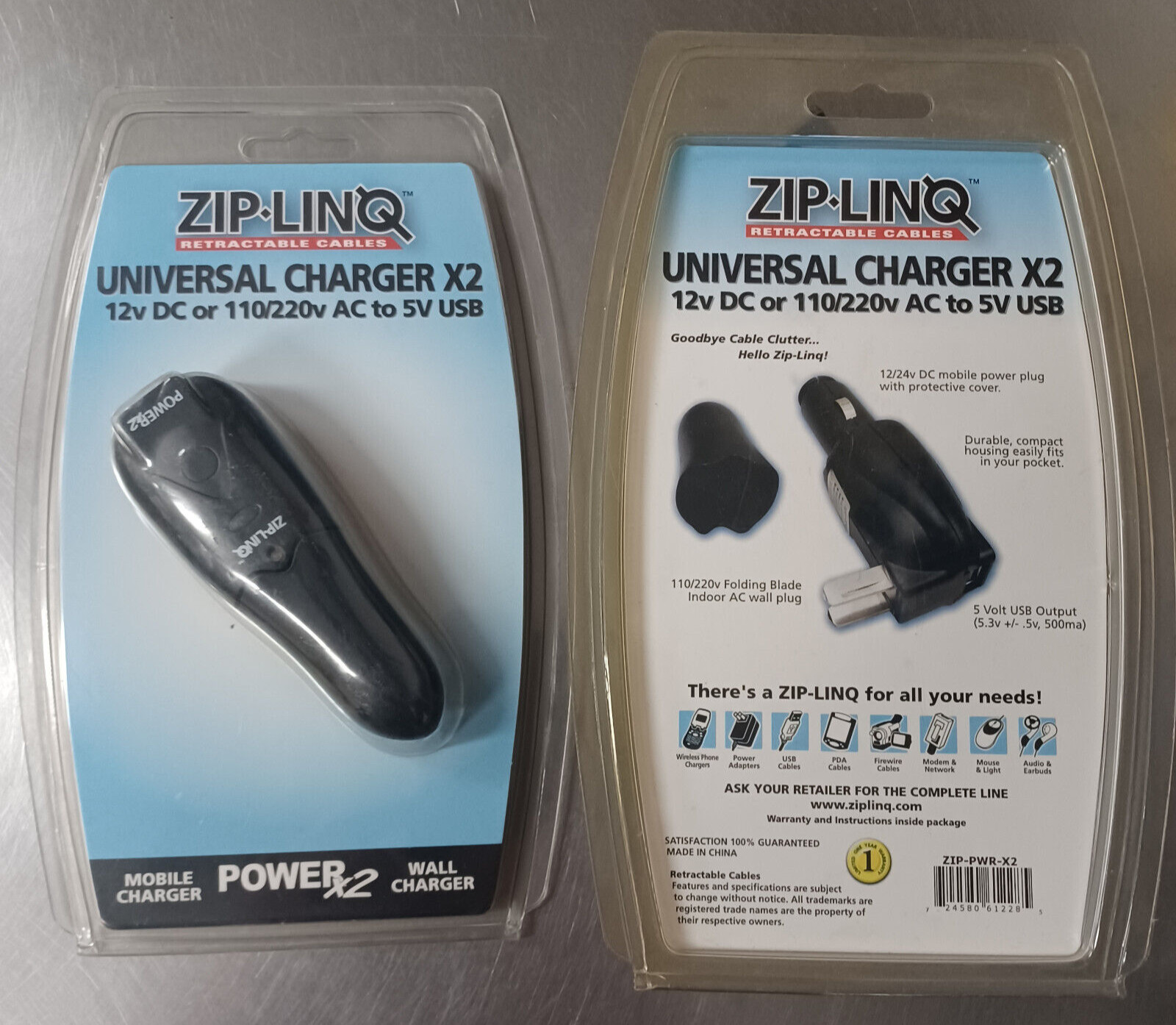 Zip-Linq 110V AC Wall Plug & 12V DC Auto Plug to 5V USB Power Adapter