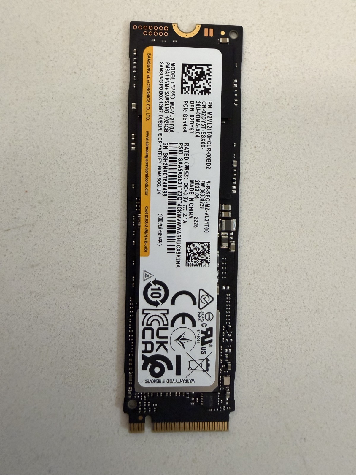 Samsung PM9A1 1TB NVMe M.2 SSD – PCIe Gen4x4 (Model: MZ-VL21T0A / DP/N: 02DY5T)