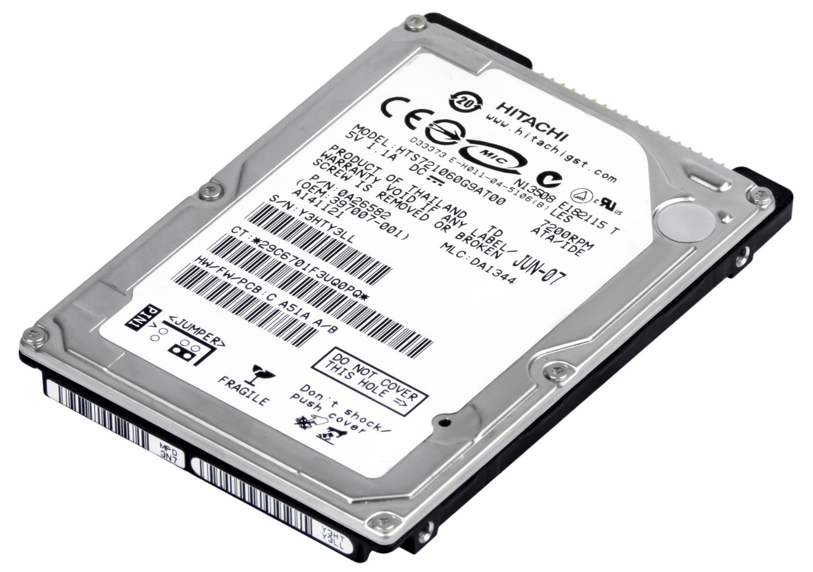 HARD DRIVE HITACHI TravelStar 7K100 HTS721060G9AT00 60GB 7.2K 8MB ATA 2.5''