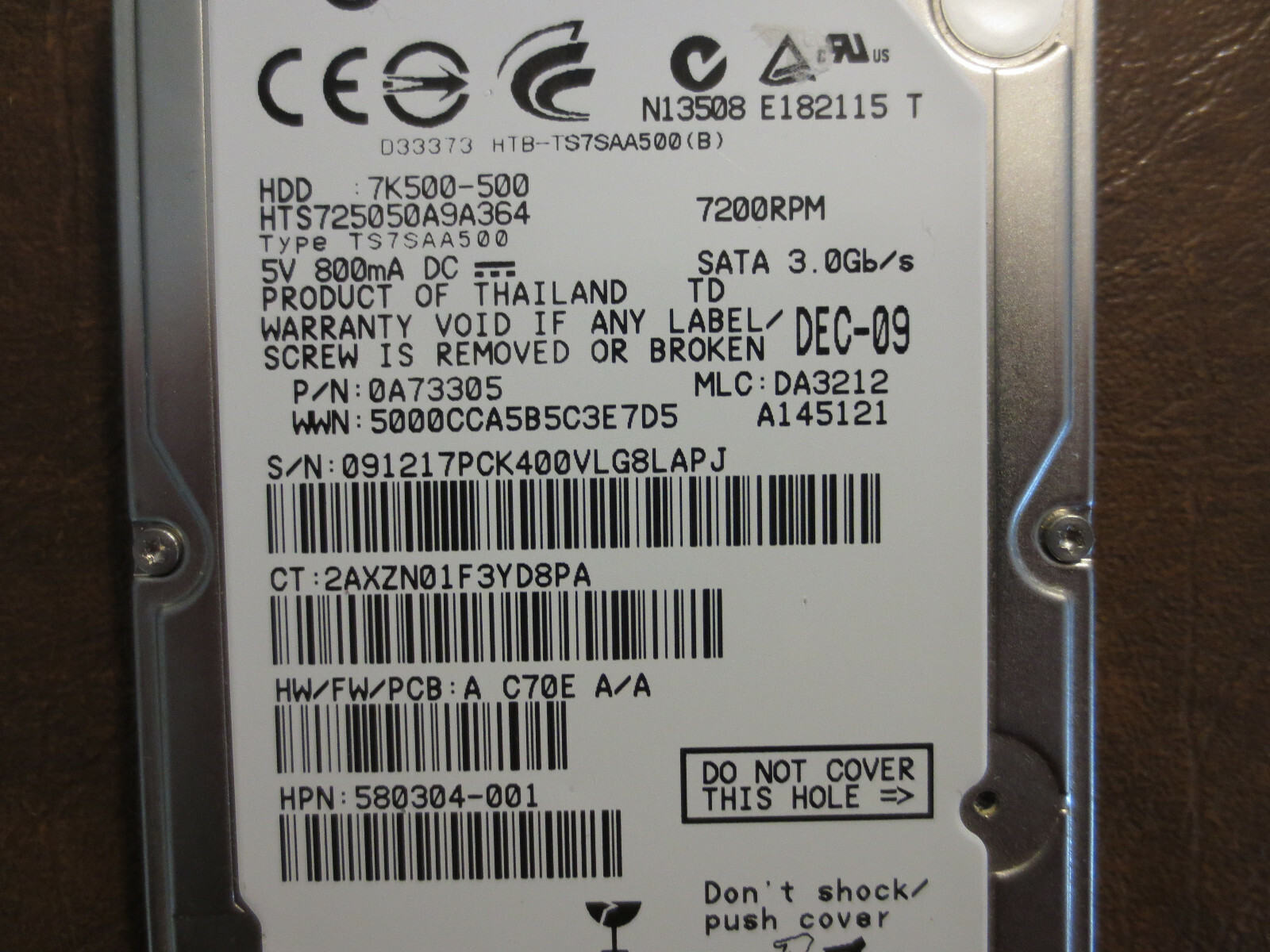 Hitachi HTS725050A9A364 PN:0A73305 MLC:DA3212 500gb Sata 2.5" HDD 